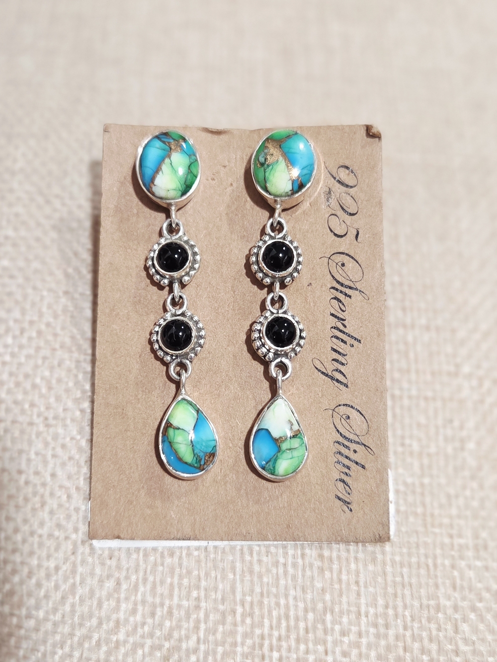 Sterling Silver Peacock Dahlia Turquoise & Black Onyx Drop Earrings